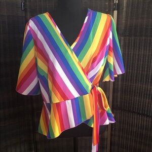 Cha Cha Vente Rainbow Striped Wrap Blouse